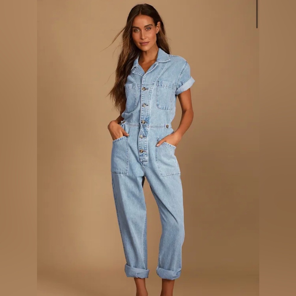 Pistola Grover Light Wash Denim Short Sleeve Utility Jumpsuit